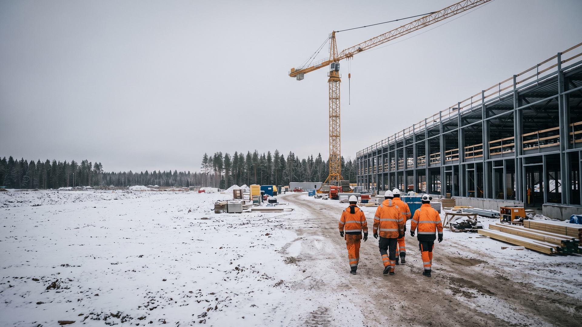 Data centre construction site in Finland in winter — steel frame hall, tower crane and construction workers in high-visibility clothing
