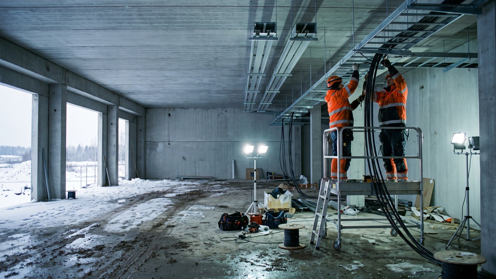Electricians installing cable trays on a data centre construction site in Finland — electrical installation jobs