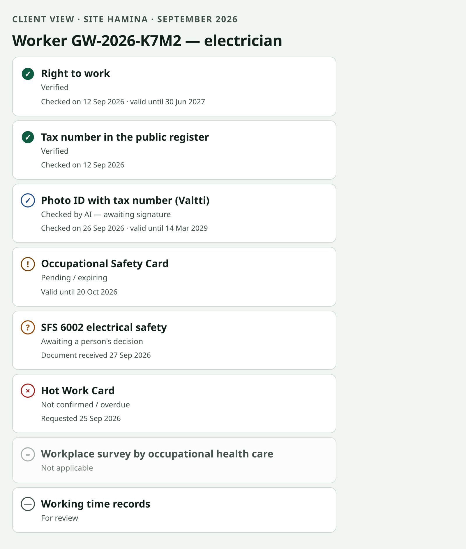 Client view: one worker, eight requirements, each with its state and dates — example with test data.