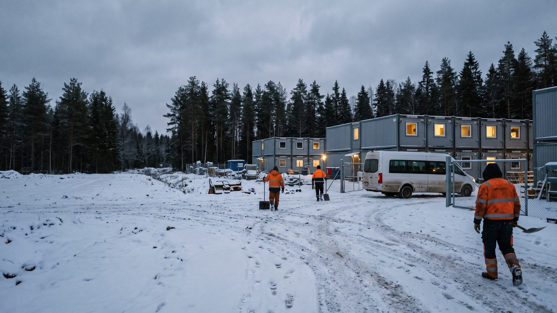 Modular worker accommodation camp for construction crews near a Finnish pine forest in winter, minibus for shift transport